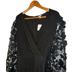 Cato NWT 14/16W Black Wide Leg Jumpsuit Floral Embroidery Lace Sleeve 3D Flowers